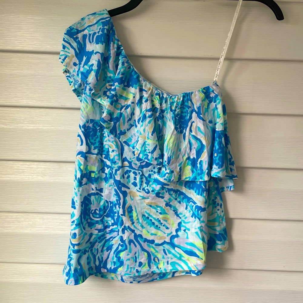 Lilly Pulitzer | Matteo One Shoulder Top Ruffled Salty Seas XS NWOT